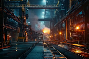 Obraz premium Industrial Complex at Night with Smoke and Glowing Lights