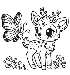 Deer and butterfly kid coloring page 