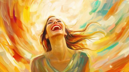 A joyful woman laughing, surrounded by vibrant colors, embodying happiness and freedom in a captivating artistic portrayal.