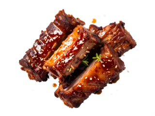 BBQ pork spare ribs with hot honey marinade. Isolated, white background, top view
