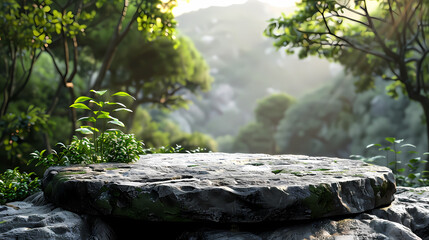 Stone podium on rock platform 3d illustration, product display stand on grey rock pedestal, green forest and blurred background, natural scenery landscape.