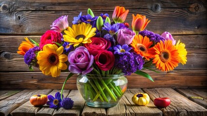 Obraz premium A vibrant bouquet of mixed flowers in a glass vase, perfect for adding color and life to any setting.