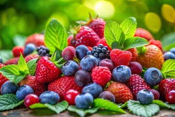 Obraz premium A vibrant display of fresh mixed berries topped with green mint leaves, perfect for healthy recipes and summer treats.