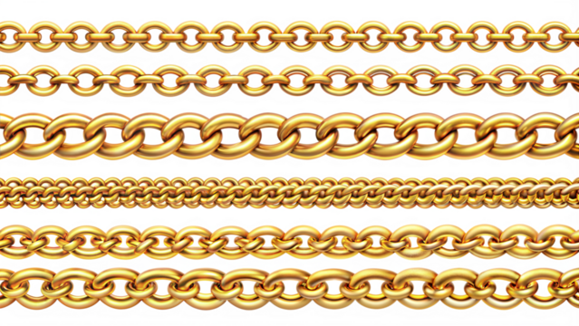 Set of gold chains isolated on transparent background