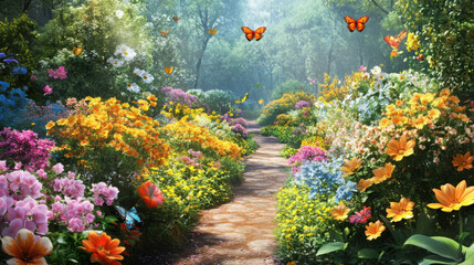 Exquisite flower garden with vivid rows of blossoms and butterflies enhancing the beauty