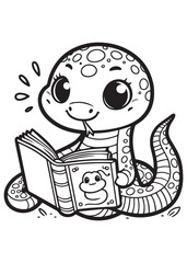 Cute snake reading book kid coloring page 