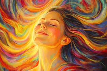 A vibrant portrait of a woman with flowing hair, exuding joy and serenity amidst colorful swirls, celebrating freedom and expression.