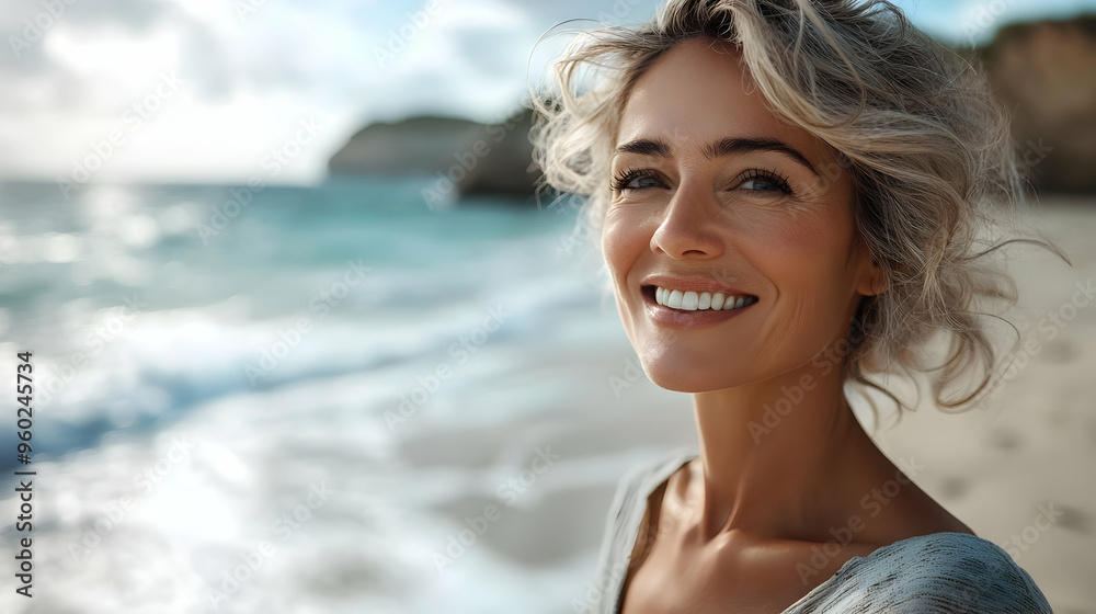 Canvas Prints A smiling woman enjoying the beach and ocean view.