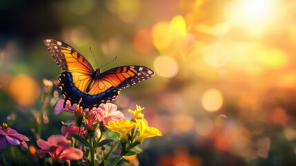 Obraz premium A vibrant butterfly perched delicately on a colorful flower, wings spread wide in the sunlight