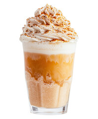 Fall pumpkin latte glass with whipped cream and cinnamon. Delicious coffee based cocktail with pumpkin and caramel syrup and Halloween decor cut and isolated on transparent png background.
