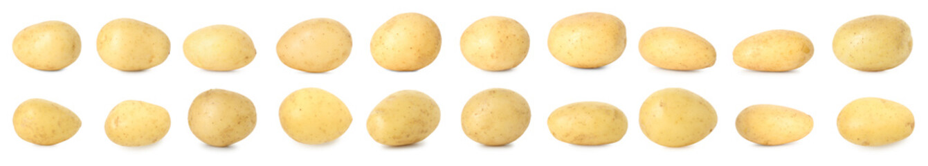 Many whole potatoes isolated on white, set