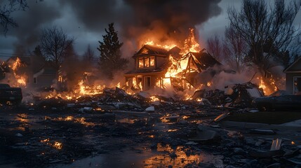 A night scene capturing the aftermath of a natural gas explosion, with a house in ruins and small flames licking the debris, photo-realistic, focused on detail, insurance-related documentation