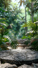 Stone podium on rock platform 3d illustration, product display stand on grey rock pedestal, green forest and blurred background, natural scenery landscape.