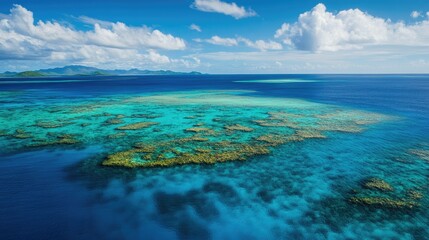 Obraz premium Aerial view of a coral reef surrounding one of the Mamanuca Islands.