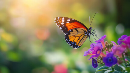 Obraz premium A single butterfly in focus with a blurred garden background, highlighting its vivid colors