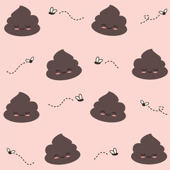 cute hand drawn cartoon character poo with flies funny seamless vector pattern illustration on pink background