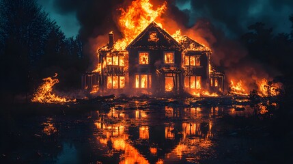 A residential house engulfed in heavy flames at night, smoke billowing into the dark sky, intense fire reflecting on nearby surfaces, high contrast for insurance documentation