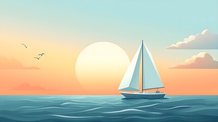 Fototapeta premium A flat design of a sailboat on the ocean with a simple background