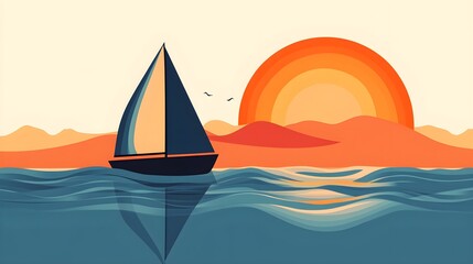 Naklejka premium Flat design of a sailboat at sunset with warm oranges and cool blues