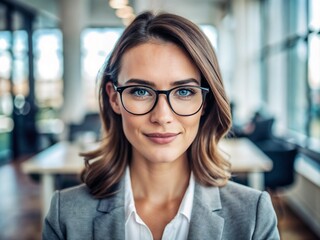 Portrait of female office worker in glasses and stylish suit