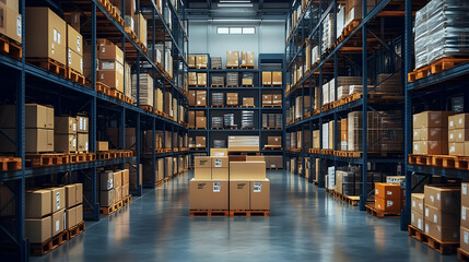 Obraz premium A spacious warehouse filled with stacked cardboard boxes.