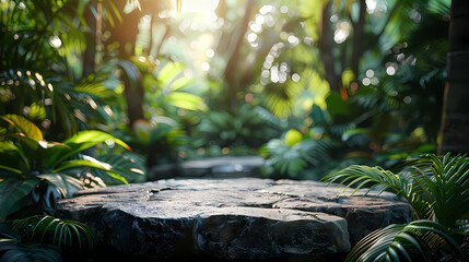 Obraz premium Stone podium on rock platform 3d illustration, product display stand on grey rock pedestal, green forest and blurred background, natural scenery landscape.