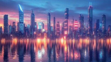 Fototapeta premium Futuristic Illuminated Skyline of Gleaming Skyscrapers and Bridges Reflecting in Calm Water at Dusk