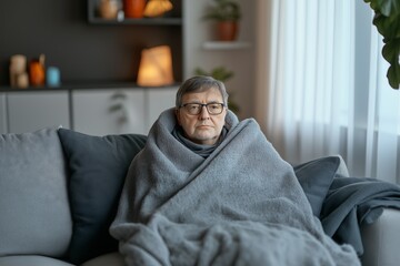 Older person wrapped in a blanket, feeling cold and unwell, suffering from flu or cold symptoms at home.


