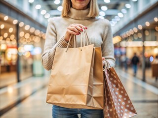 Young woman wears casual clothes hold shopping paper package bags in a mall. Black Friday sale buy day concept