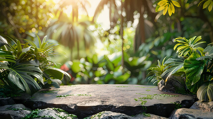 Obraz premium Stone podium on rock platform 3d illustration, product display stand on grey rock pedestal, green forest and blurred background, natural scenery landscape.