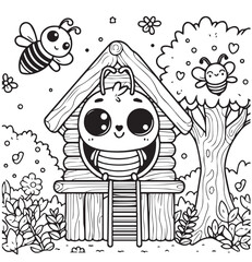 Bee in the wooden house children coloring page 