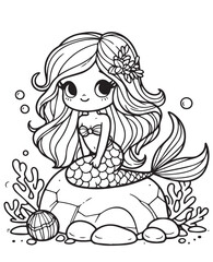 Mermaid sit in the rock sea children coloring page 