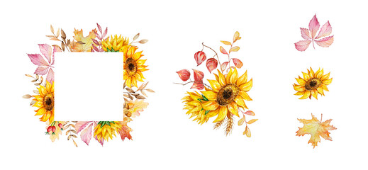 Watercolor autumn frames set with sunflowers and fall leaves