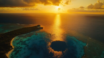 Fototapeta premium Aerial view of the Great Blue Hole during sunset, with the surrounding sea bathed in golden light.