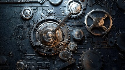 Intricate Silver-Plated Mechanical Gears on Dark Backdrop in Steampunk Style