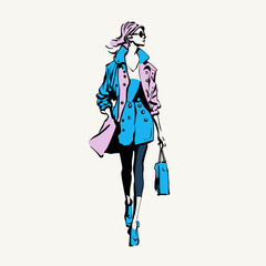 Stylish Fashion Model Walking in Trench Coat Vector Illustration