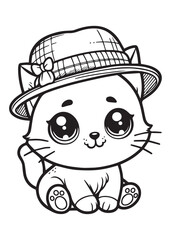 Cute cat wearing hat children coloring page 