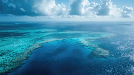Fototapeta premium Aerial view of the Great Blue Hole surrounded by the Belize Barrier Reef and expansive ocean.