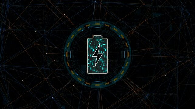 Motion graphic of Blue digital battery logo with circle futuristic HUD elements and orange line connection with power reserve concepts on abstract background