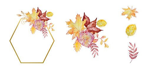 Watercolor autumn gold frames set with fall leaves