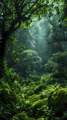 Tropical rainforest with trees and moss
