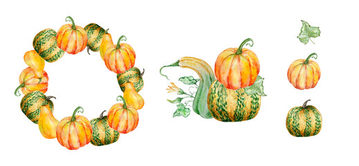 Watercolor autumn wreath set with pumpkins and fall leaves