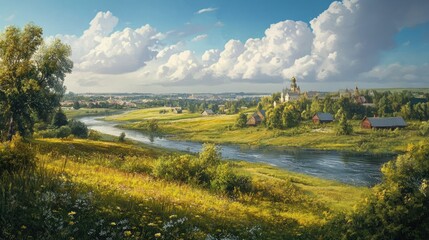 Fototapeta premium An idyllic Russian countryside scene with a river, meadow, and distant village.