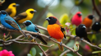 Fototapeta premium Galapagos finches perched on branches, showcasing the diversity of species in the islands.