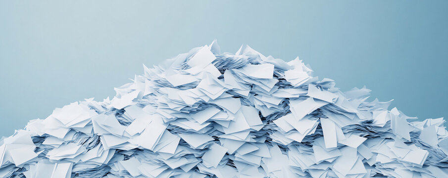 A large pile of disorganized white papers on a light background, symbolizing clutter and the need for organization.