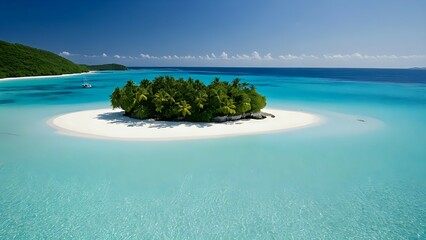 Fototapeta premium A small island is surrounded by crystal-clear blue waters, with fine white sand shimmering under the sunlight, resembling a natural paradise isolated from the outside world