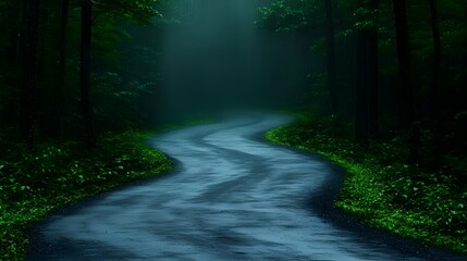 Obraz premium Misty Forest Road in the Rain - Serene Nature Landscape