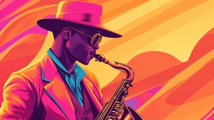 Cartoonized male jazz musician playing saxophone, vibrant colors, detailed features