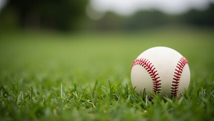 Closeup baseball ball on grass on blurred background.