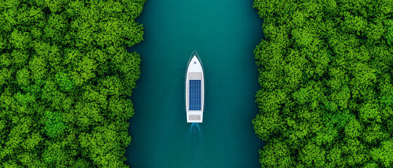 Aerial view of a serene boat navigating through lush green waters, surrounded by vibrant foliage.